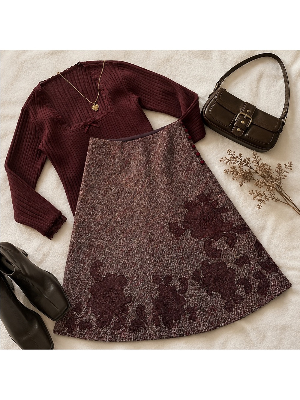 Vintage Express Burgundy Tweed Floral Appliqué Skirt | Y2K | Size 1/2